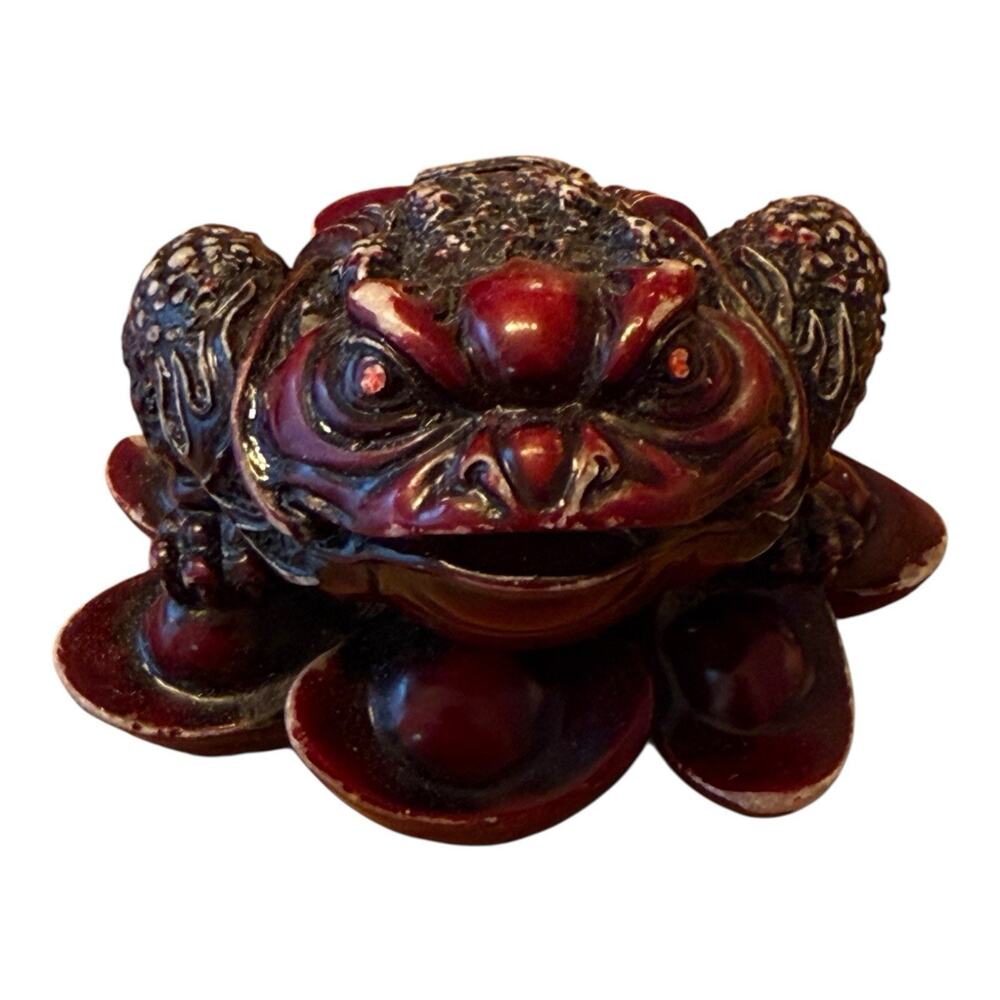 Vintage Chinese Deep Red Poly Resin Feng Shui Money Frog Figurine Red